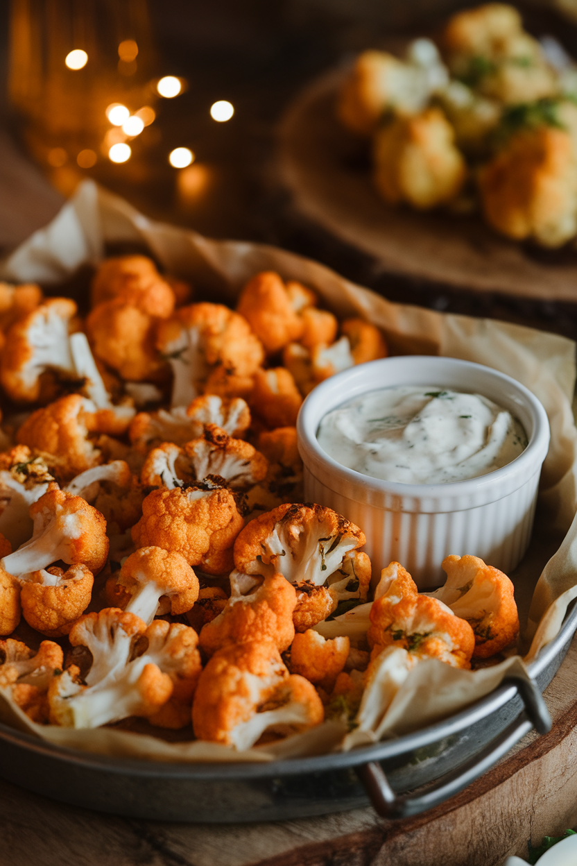 An indoor appetizer spread showing a tray of roasted buffalo cauliflower florets with a small ramekin of ranch dip on the side. Warm lighting, no text or logos. Photo only.