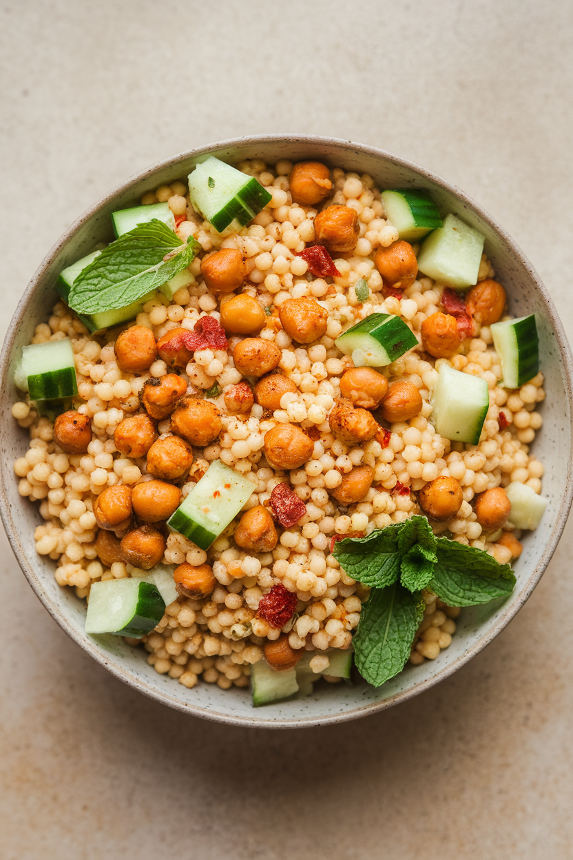 Indoor photo of pearl couscous mixed with spicy roasted chickpeas, diced cucumber, and fresh mint leaves, served in a shallow bowl. Neutral background, no text or logos.
