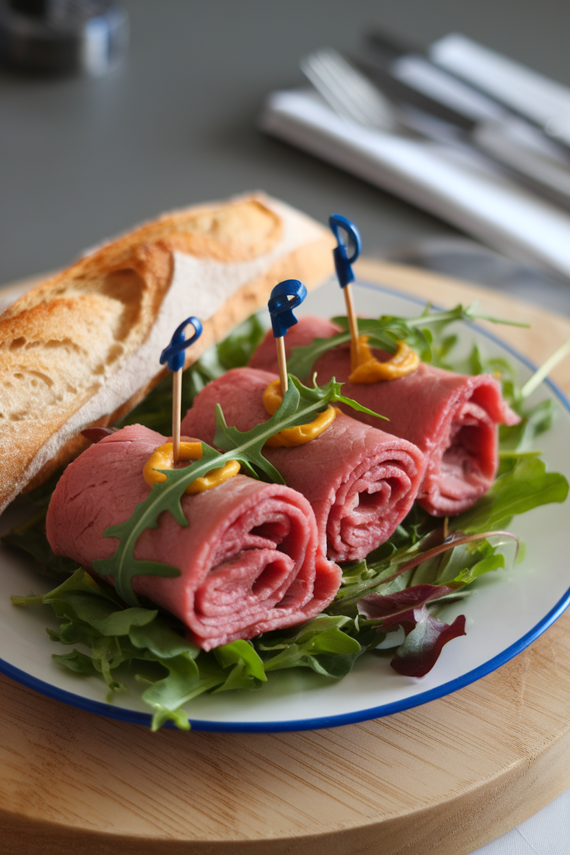 Photo of an indoor lunch plate featuring thin roast beef slices rolled around arugula and mustard, secured with toothpicks, no text or branding.