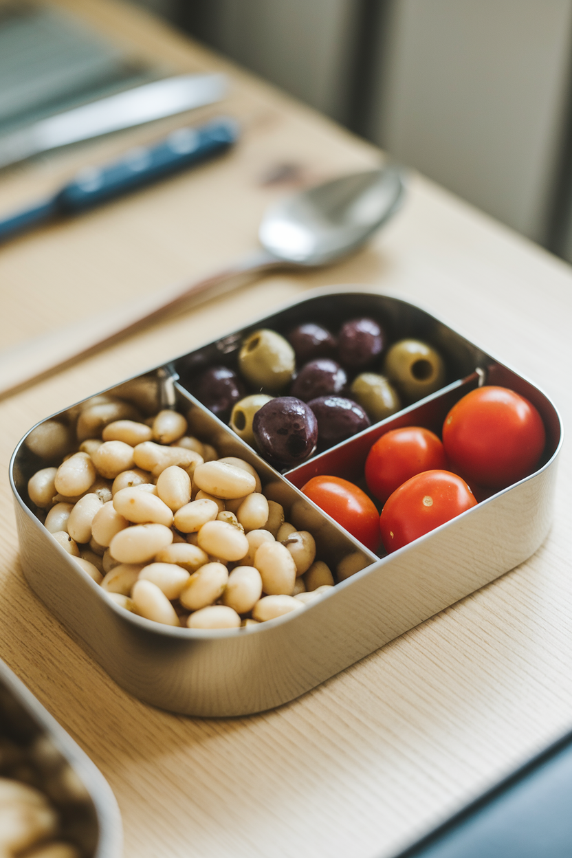 Indoor bento box sections containing marinated cannellini beans, mixed olives, and cherry tomatoes. No text or logos present.