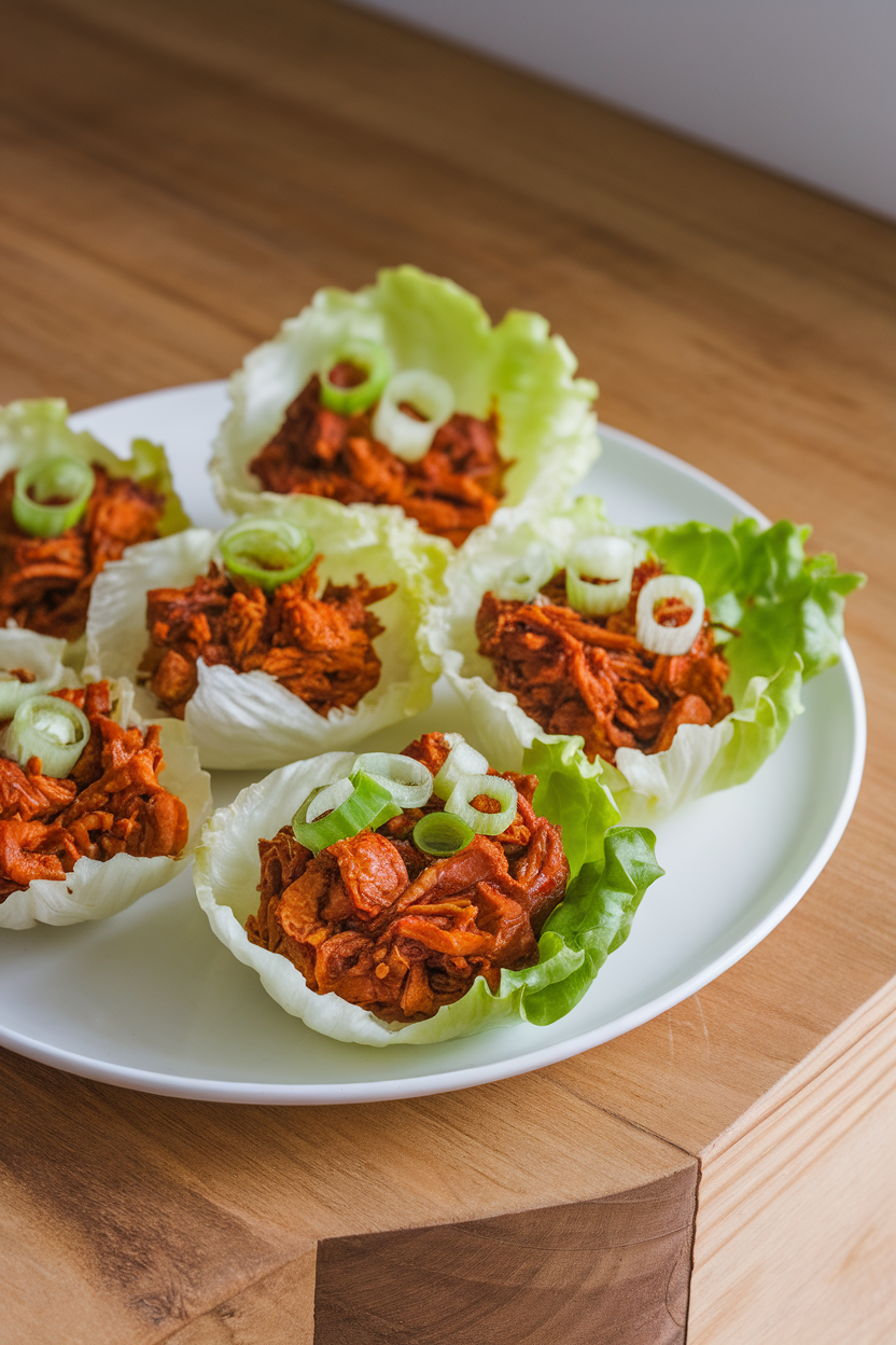 A white indoor plate holding crisp butter-lettuce cups filled with saucy pulled jackfruit, topped with sliced scallions. No text or logos visible.