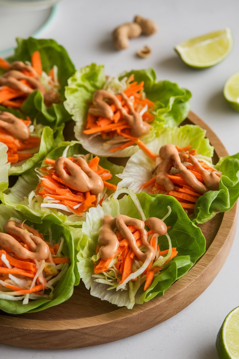 Indoor platter of crunchy lettuce cups filled with shredded carrots, cabbage, and peanut sauce drizzle—photo, no text or logos.