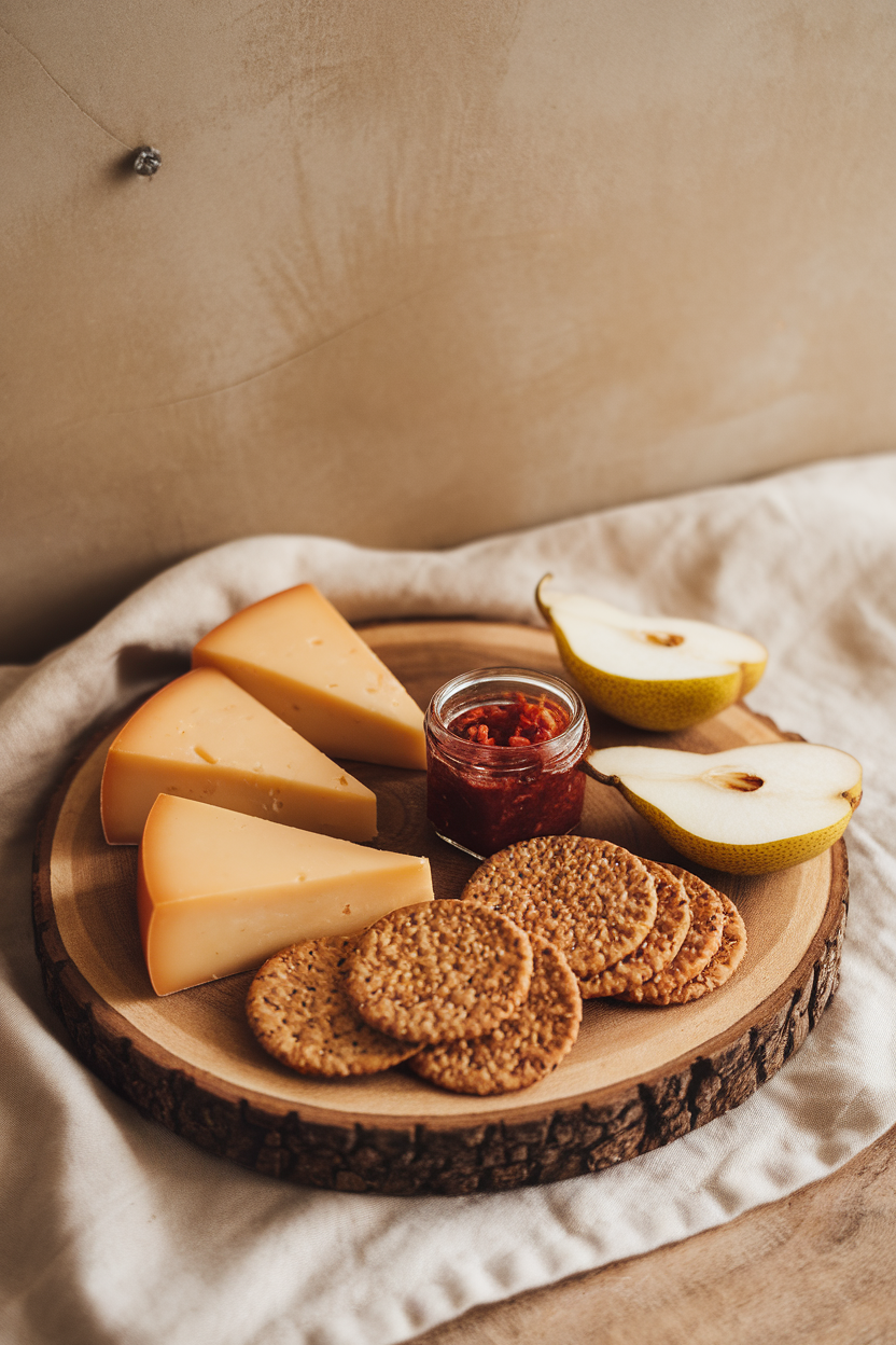 Indoor shot of a board holding aged Gouda wedges, red chili jam in a small jar, seed crackers, and pear slices; no text or logos