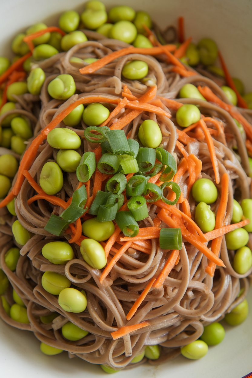 Indoor photo of chilled soba noodles mixed with shelled edamame, shredded carrots, and a ginger-soy dressing, garnished with green onions. Soft overhead light, no text or logos.
