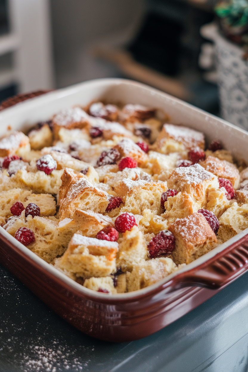 A ceramic baking dish on an indoor table filled with bread pudding made from chunks of fruit-studded stollen, lightly dusted with powdered sugar. No text or logos. Photo, not illustration.