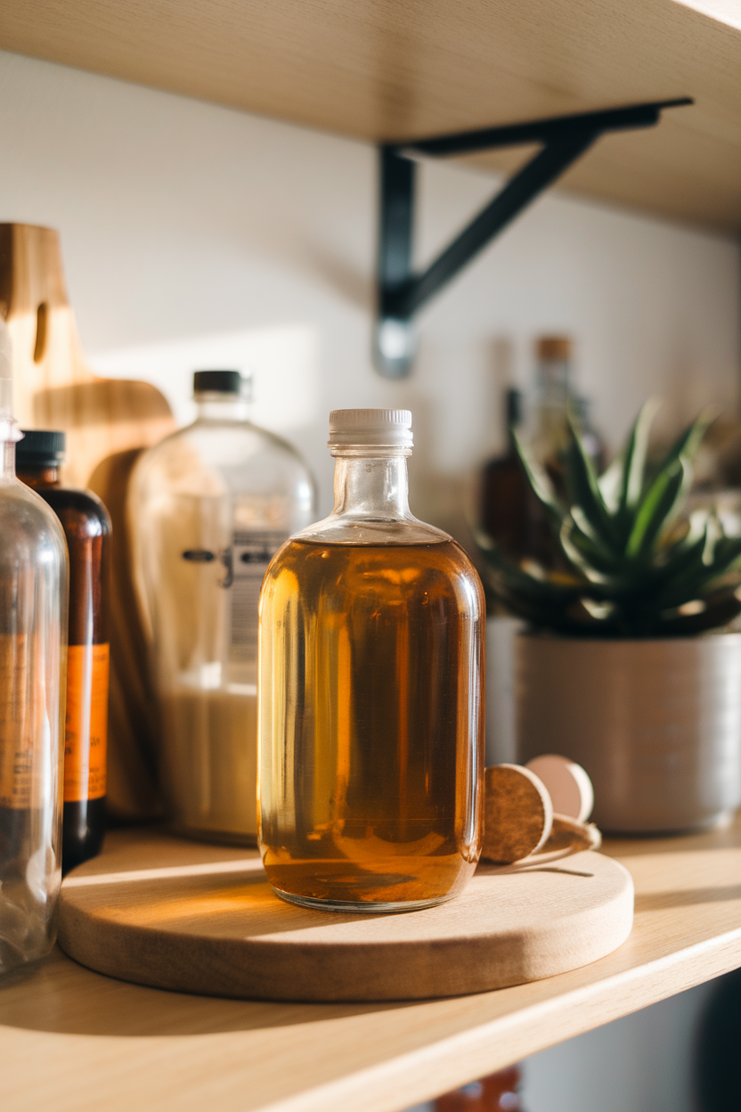 An indoor kitchen shelf with a clear glass bottle of apple cider vinegar catching warm light, no brand labels or text.