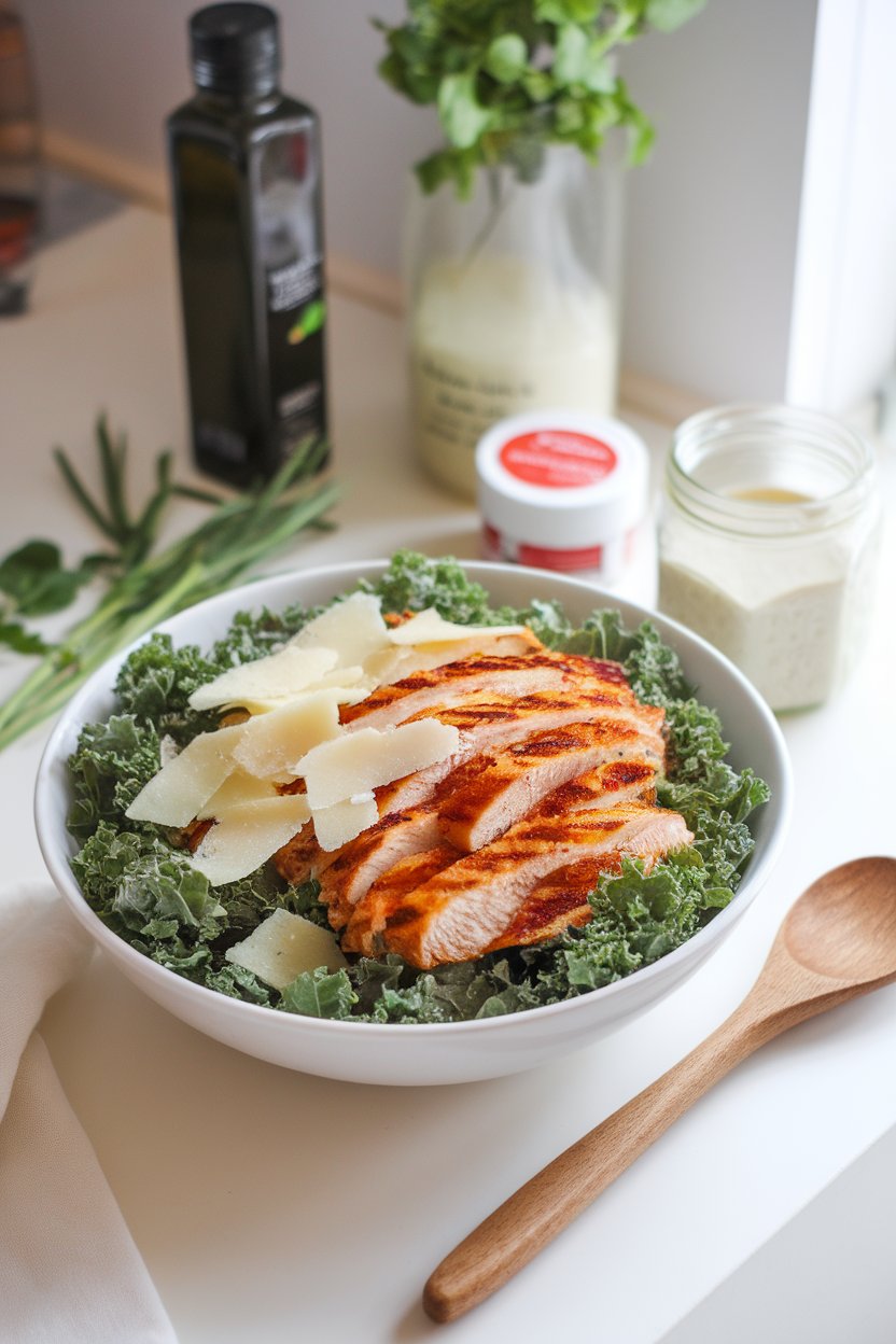 Indoor lunchtime scene with a wide salad bowl of massaged kale, grilled chicken strips, shaved parmesan, and a yogurt-based Caesar dressing. No text or logos. Photo.