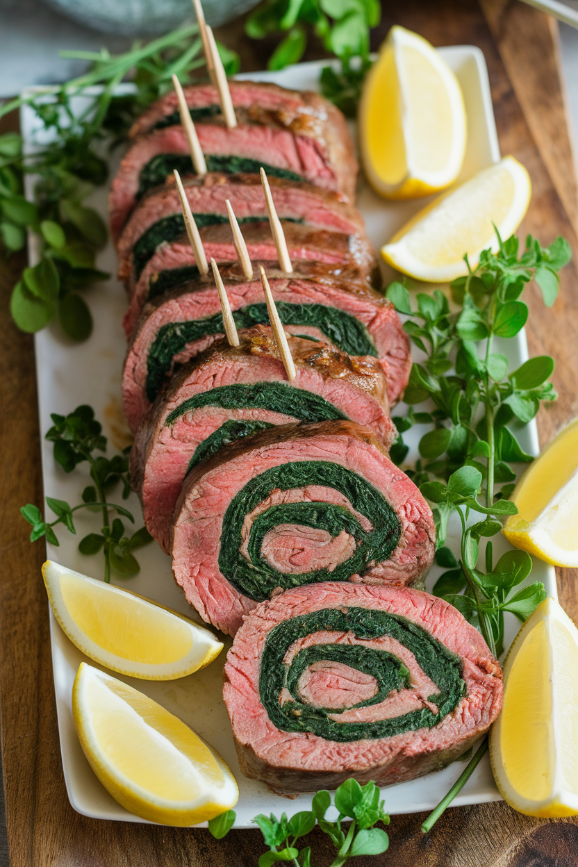 Indoor platter with roulades of flank steak stuffed with spinach, secured by toothpicks and sliced to reveal green swirl. No text or logos; photo.