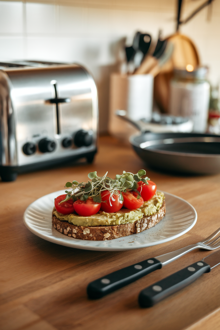 Indoor kitchen scene with a plate of homemade whole-grain avocado toast topped with cherry tomatoes and microgreens, no text or logos. Photo.