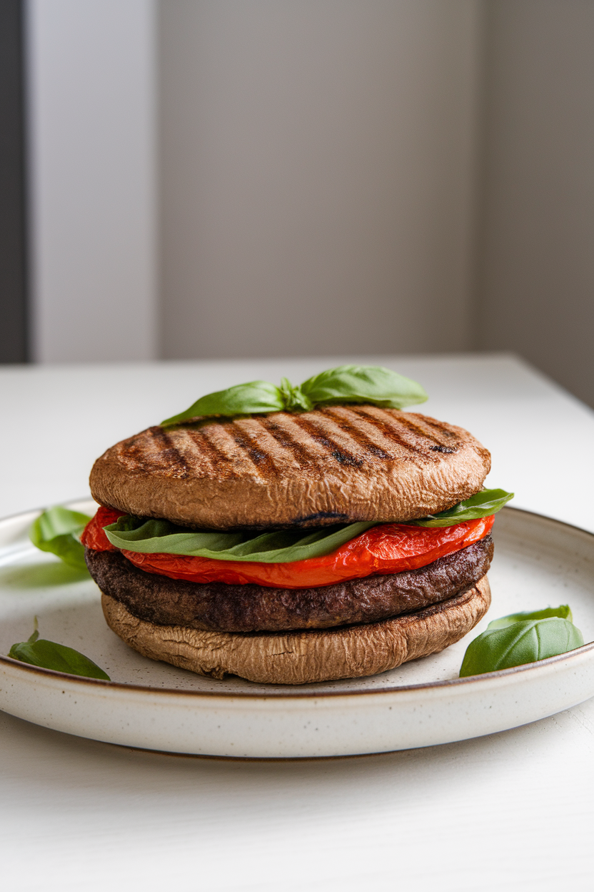 Photo of a grilled portobello mushroom cap used as a patty, layered with roasted red pepper and basil leaves, served bun-less on a white plate indoors; no text or logos; photo, not illustration