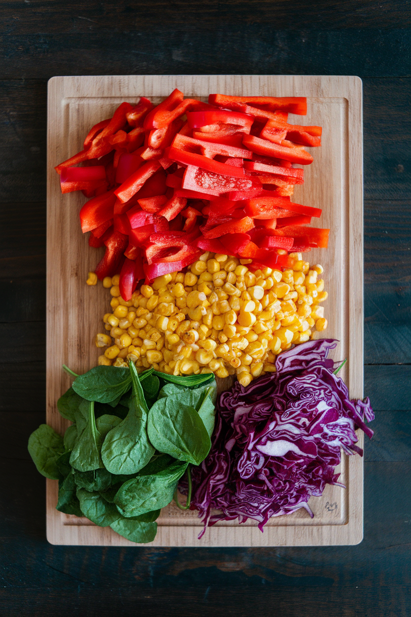 Photo prompt: An indoor overhead shot of a cutting board scattered with chopped red peppers, yellow corn, green spinach, and purple cabbage, no logos present.