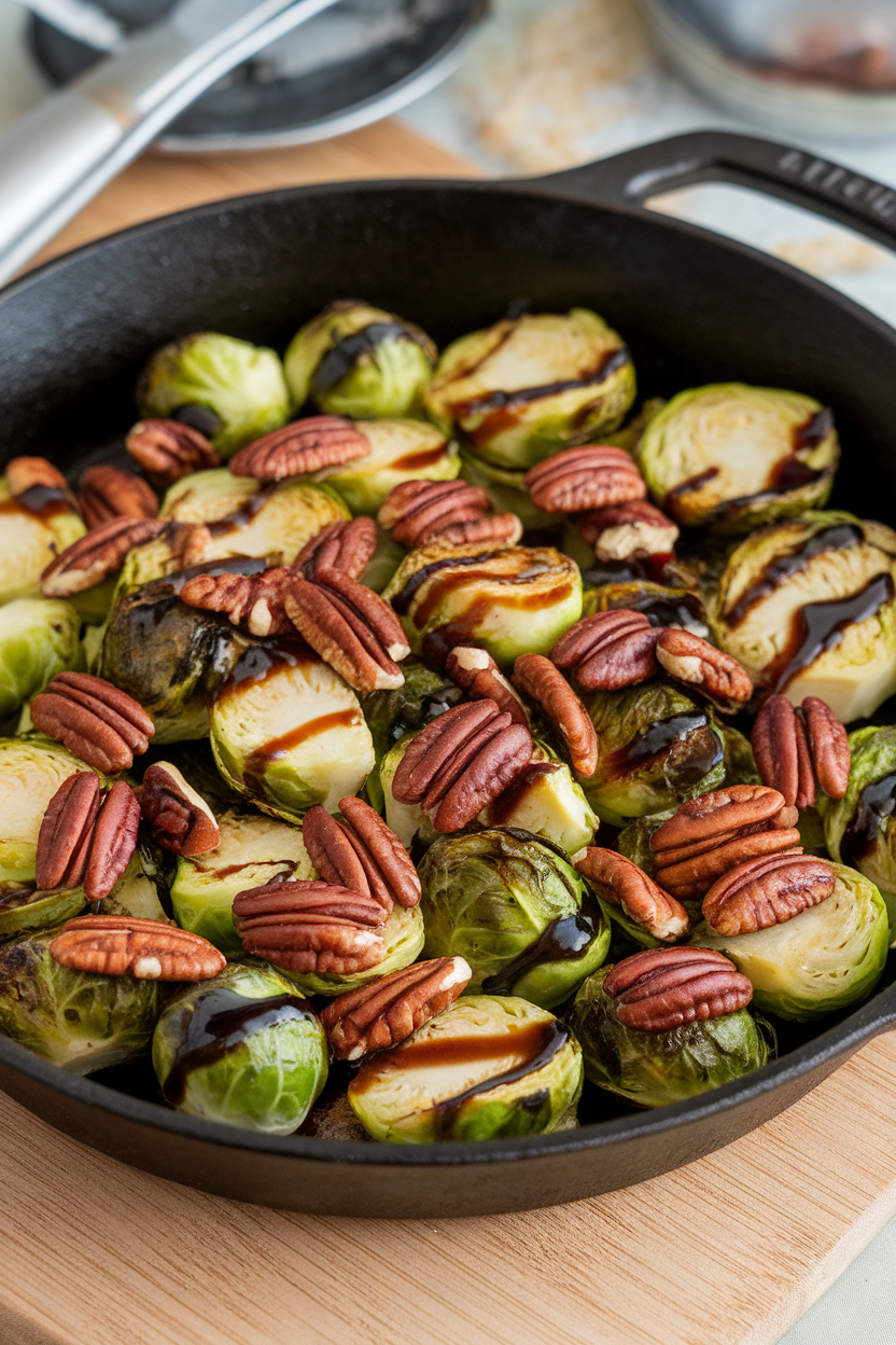 A cast-iron skillet indoors filled with halved Brussels sprouts, toasted pecans, and a balsamic reduction drizzle. No text or logos. Photo.