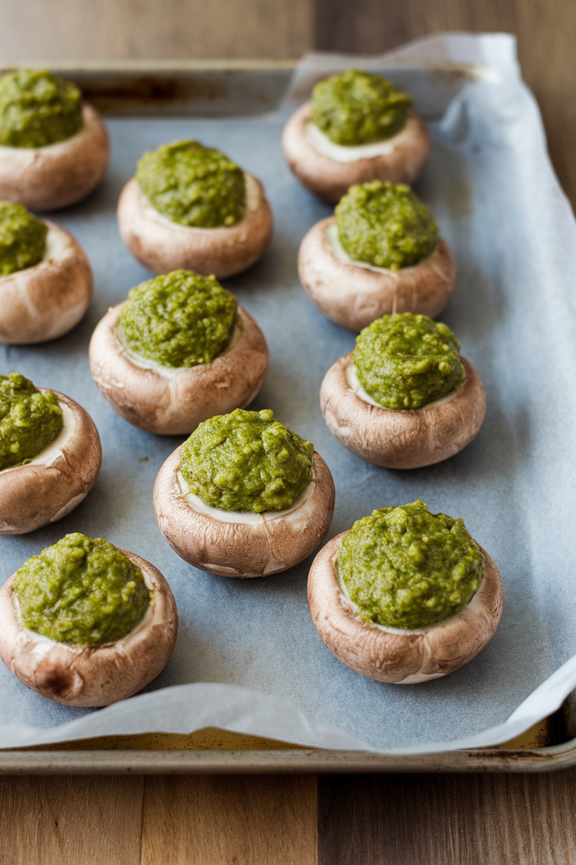 Indoor photo of baby bella mushrooms filled with bright green pesto and baked, tops slightly golden, on a parchment-lined sheet pan. No text or logos.