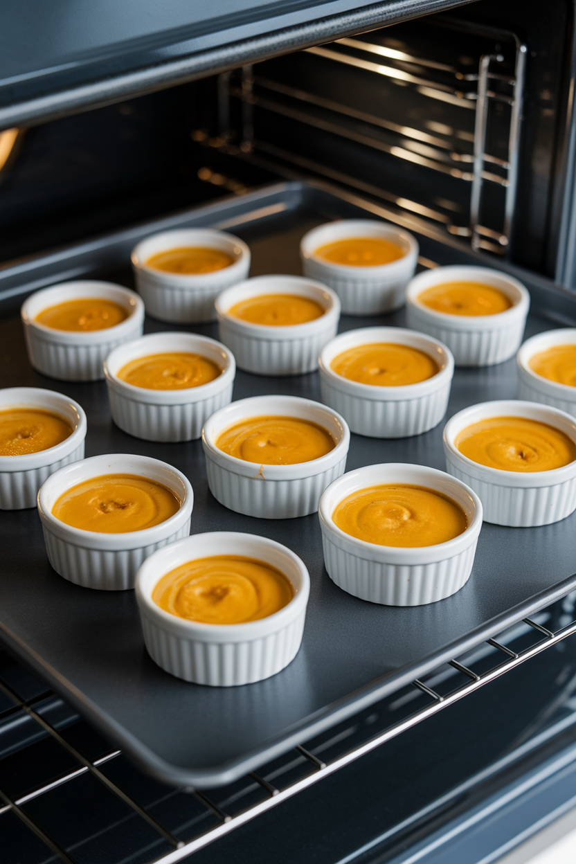 An indoor oven rack view of small white ramekins filled with golden pumpkin custard, tops slightly puffed—no text or logos; photo, not illustration