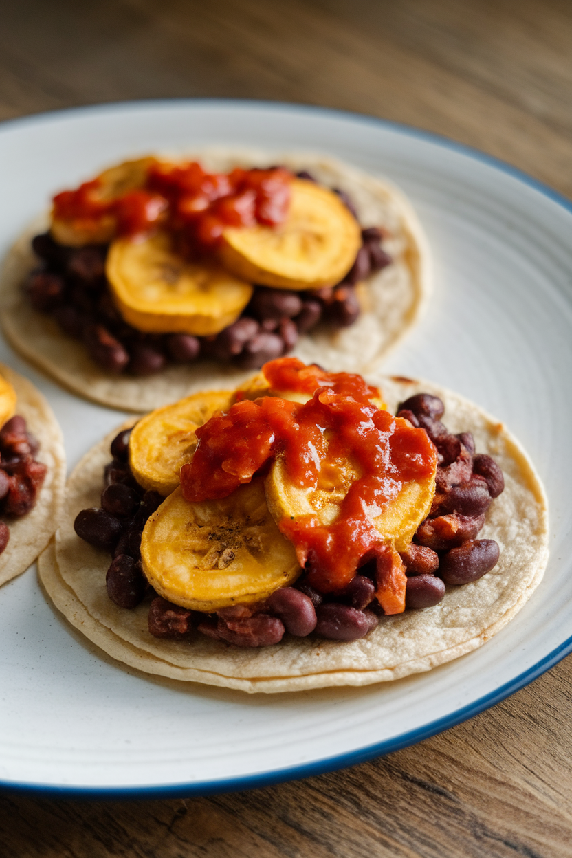 Photo of tortillas featuring golden plantain slices and black beans, topped with red chile sauce, indoor setting, no logos.