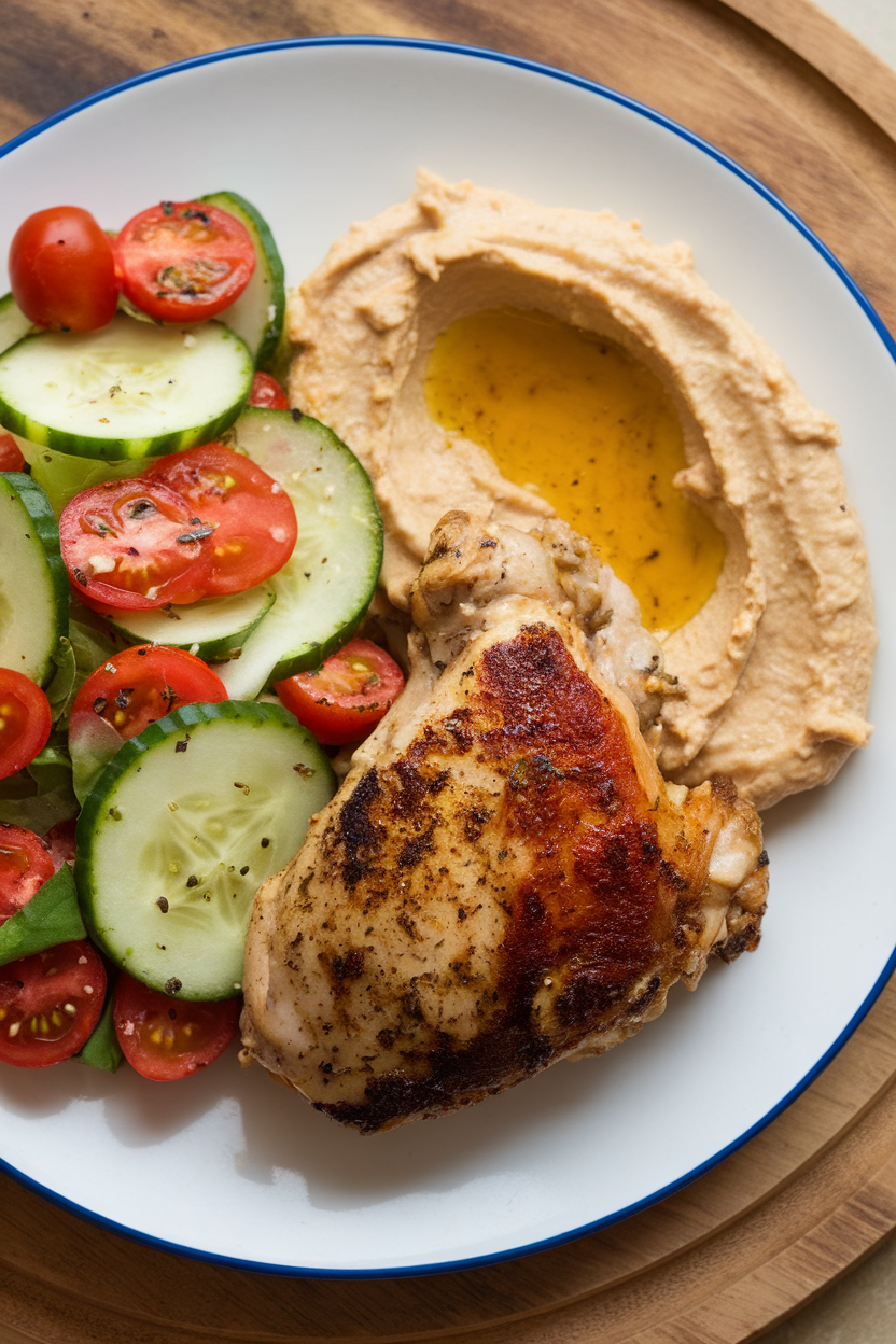 An indoor dinner plate featuring sliced cooked chicken thigh marinated in spiced yogurt, served with cucumber-tomato salad and a dollop of hummus. No text or logos; photo.