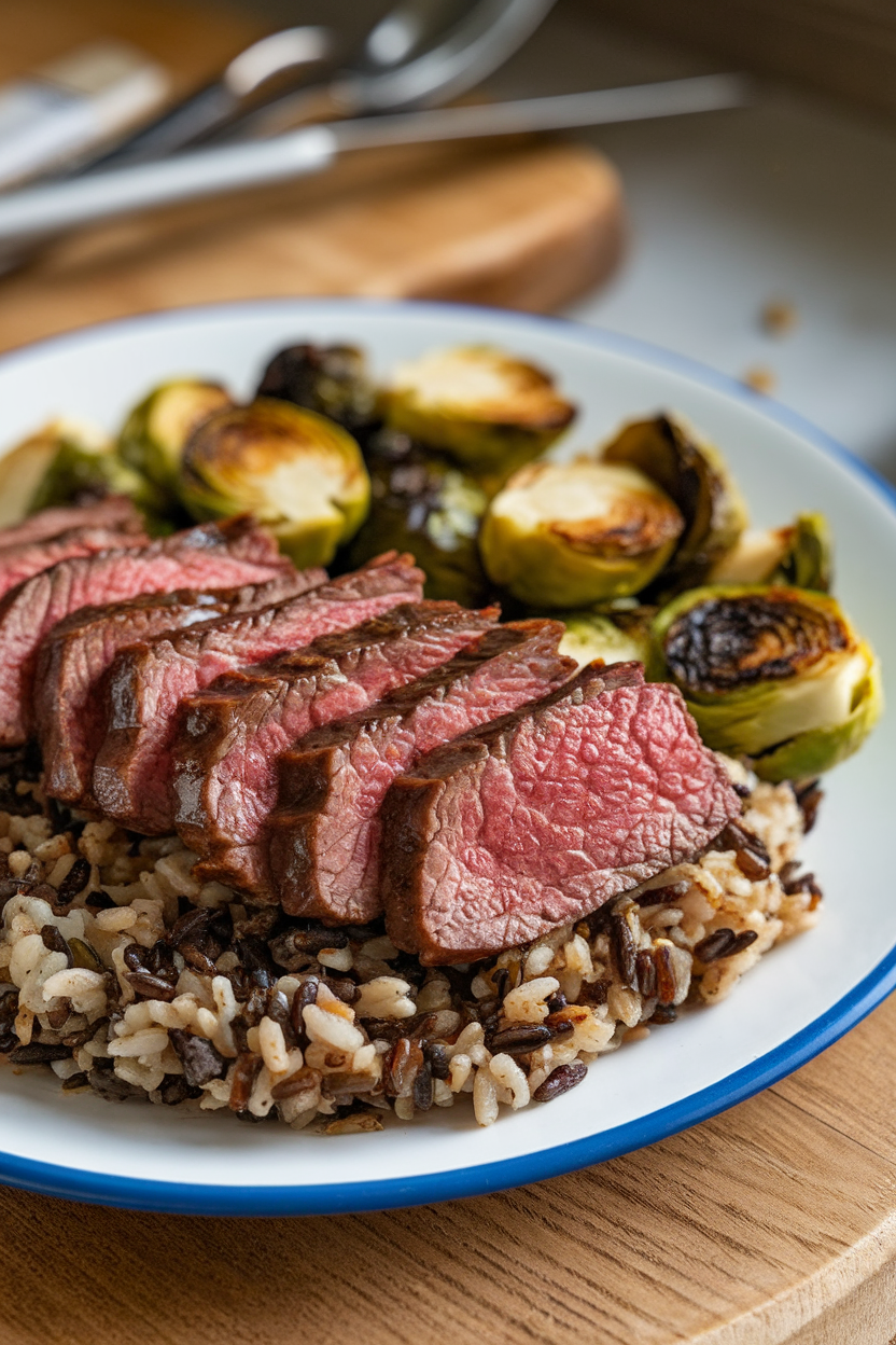 Indoor photo featuring thin balsamic-glazed steak slices, a scoop of wild rice blend, and caramelized roasted Brussels sprouts on a dinner plate. No text or logos.