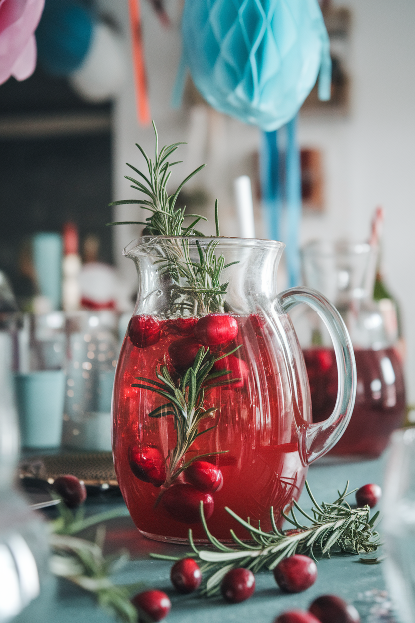 Photo of a pitcher filled with ruby sparkling punch, floating rosemary sprigs and cranberries, indoors on a party table. No text or logos.