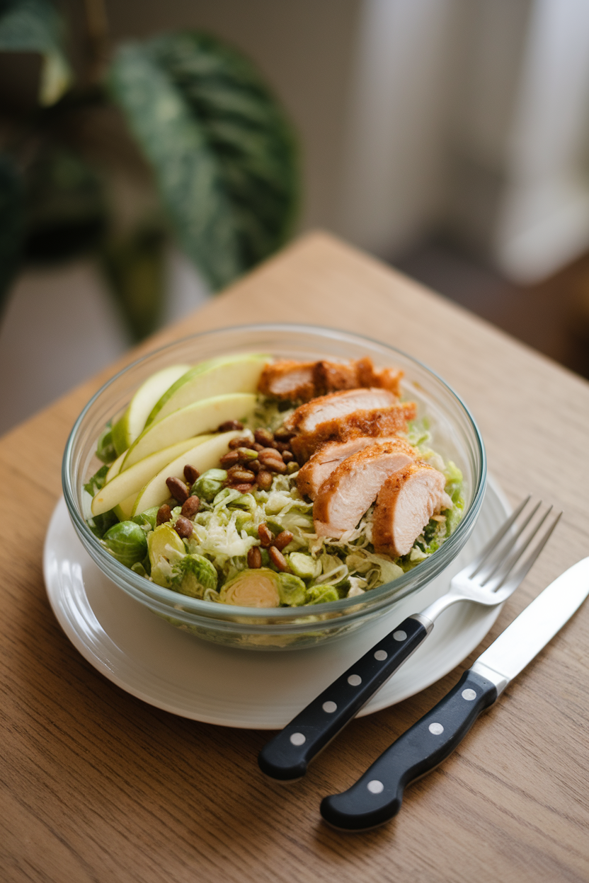 Indoor table with a salad bowl of finely shredded Brussels sprouts, julienned apple, cooked chicken strips, and pepitas — photo, no text or logos