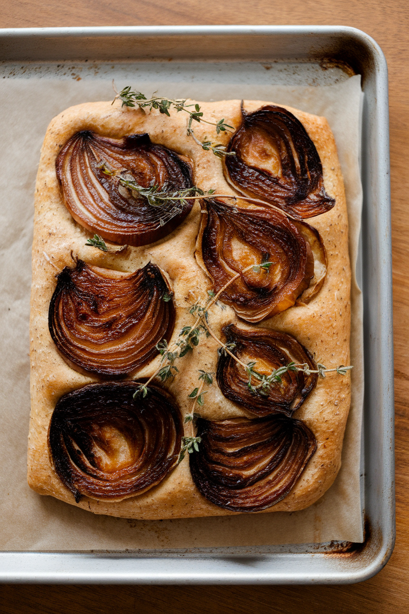 An indoor baking tray showcasing a rectangular rye focaccia topped with deeply browned onions and thyme leaves. No text or logos. Photo only.