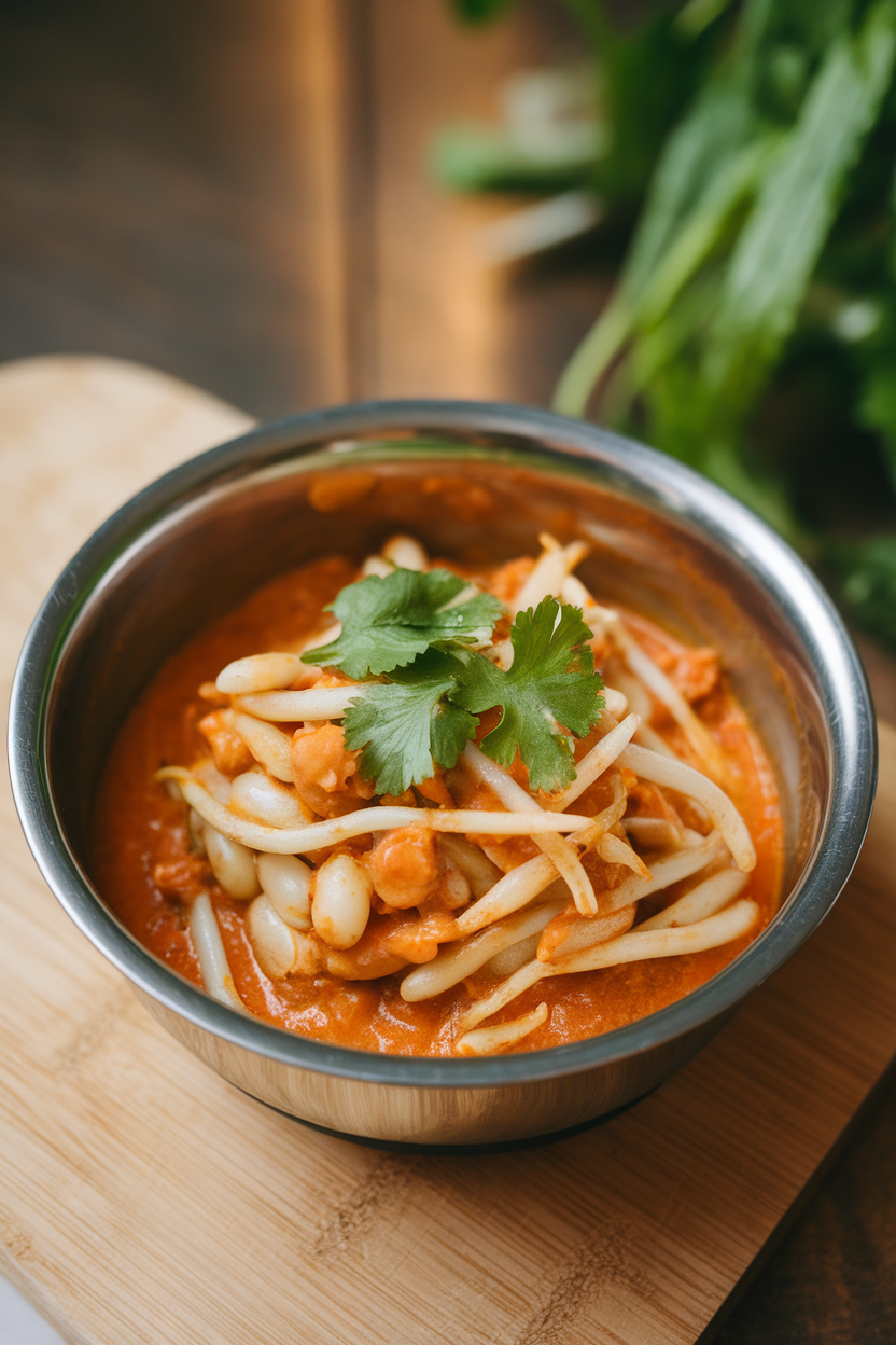 Photo prompt: An indoor stainless bowl of assorted bean-sprout curry in light tomato gravy, cilantro sprinkled on top. No text or logos.