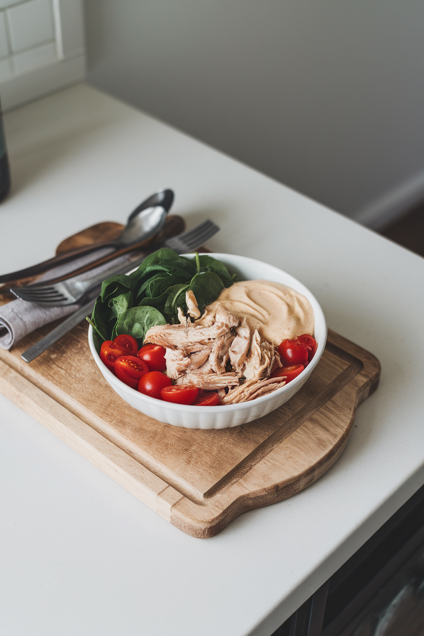 Indoor counter with a bowl of shredded chicken, baby spinach, cherry tomatoes, and a creamy lemon-tahini dressing — no text or logos