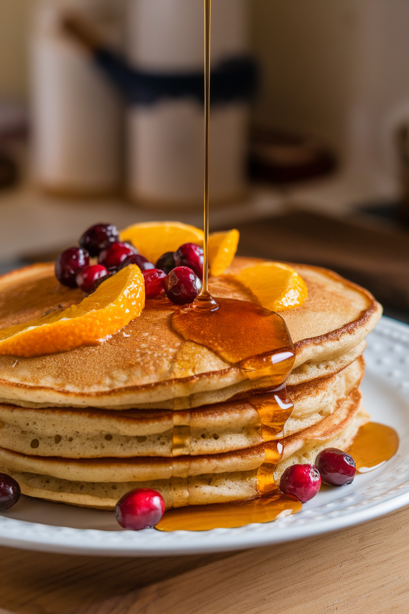 Indoor photo of a skillet pancake studded with cranberries and orange slices, lightly glazed with almond syrup; no text or logos.
