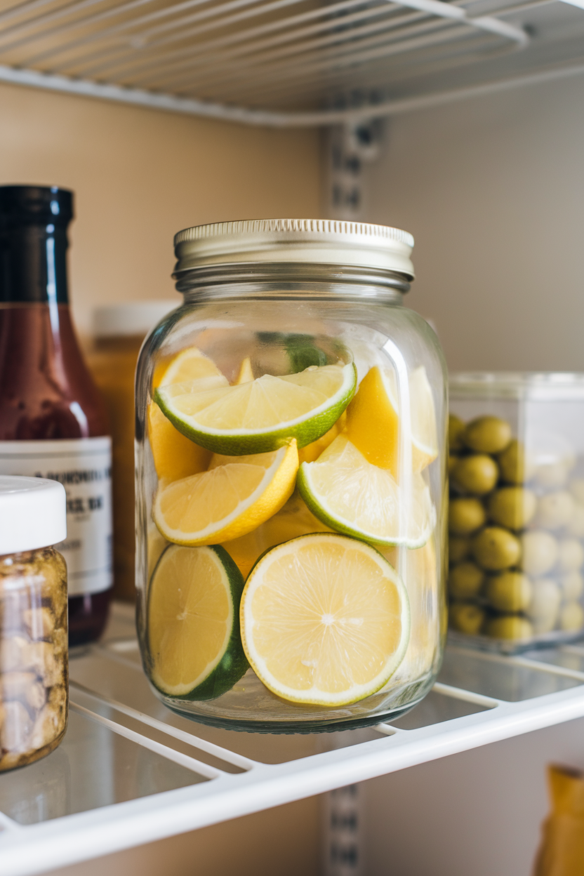 Photo, indoor refrigerator shelf with a small glass jar of pre-cut lemon and lime wedges, tight lid, no logos.