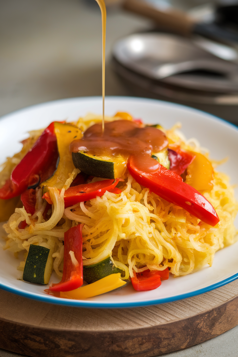 Indoor plate of roasted spaghetti squash strands mixed with colorful sautéed vegetables, light tomato sauce, no text or logos
