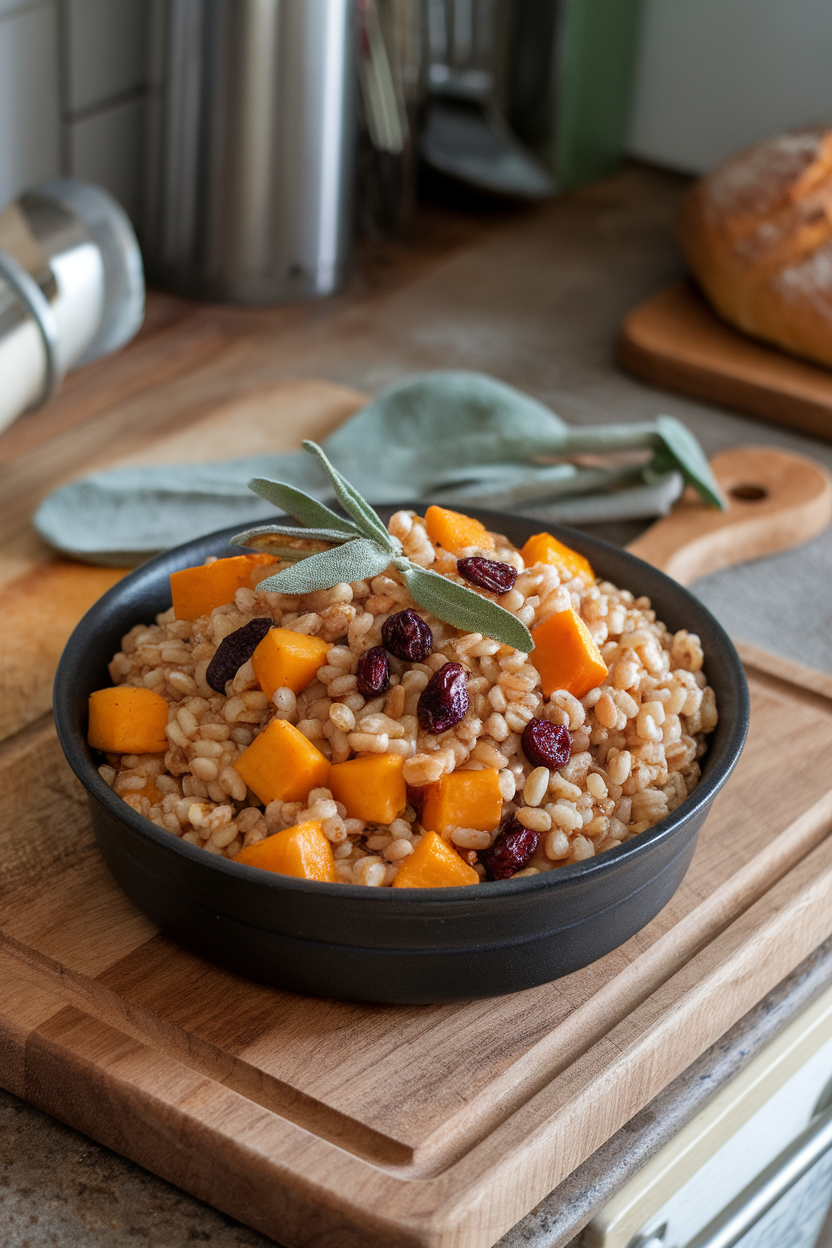 An indoor rustic countertop holding a deep serving dish of farro mixed with roasted butternut squash cubes, sautéed sage, and dried cranberries. No logos or text. Photo.