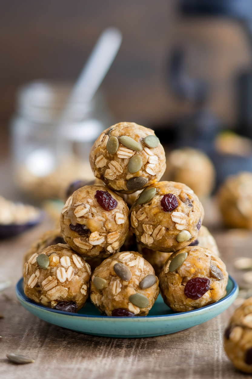 An indoor photo of a small plate stacked with round energy balls studded with oats, raisins, and sunflower seeds. No text or logos.