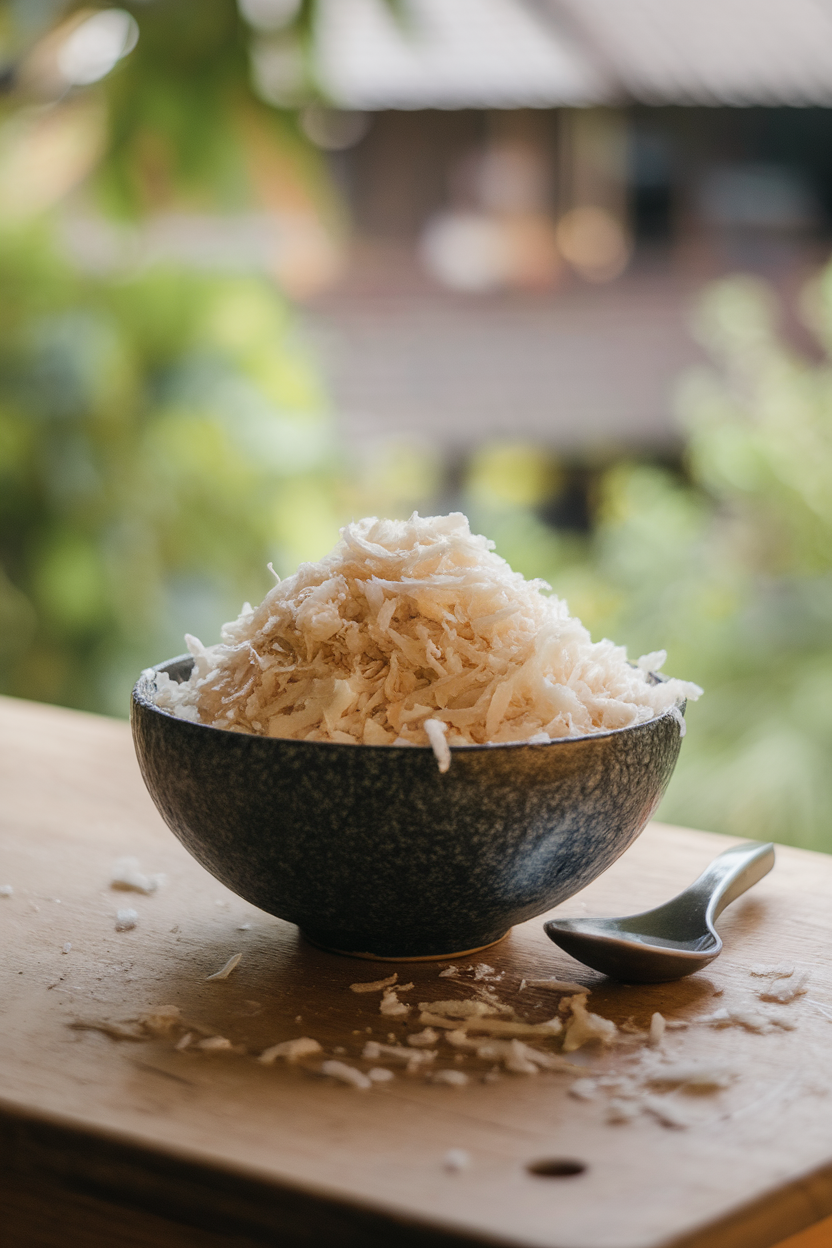 Indoor image of finely shredded coconut in a bowl with a small spoon, no text or logos