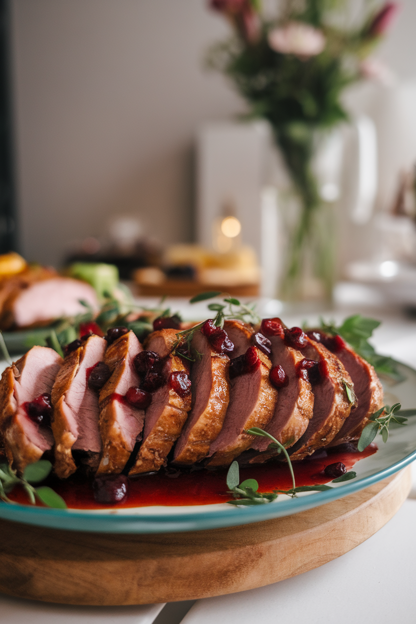 Indoor shot of sliced roast duck breast fanned on a plate with glossy cherry sauce, herbs sprinkled, no text or logos.