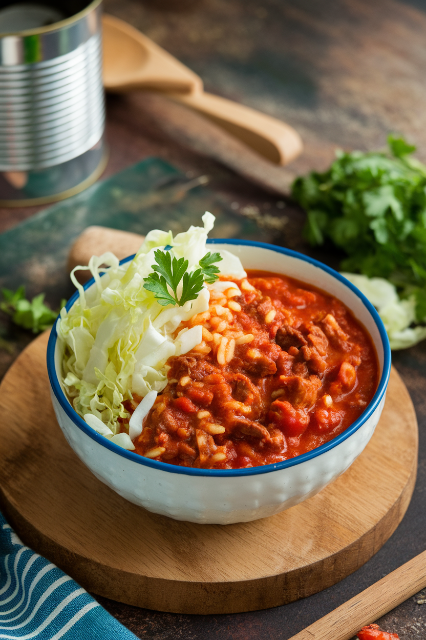Indoor photo of beef chili featuring shredded cabbage ribbons and rice in tomato sauce, parsley garnish; no text or logos.