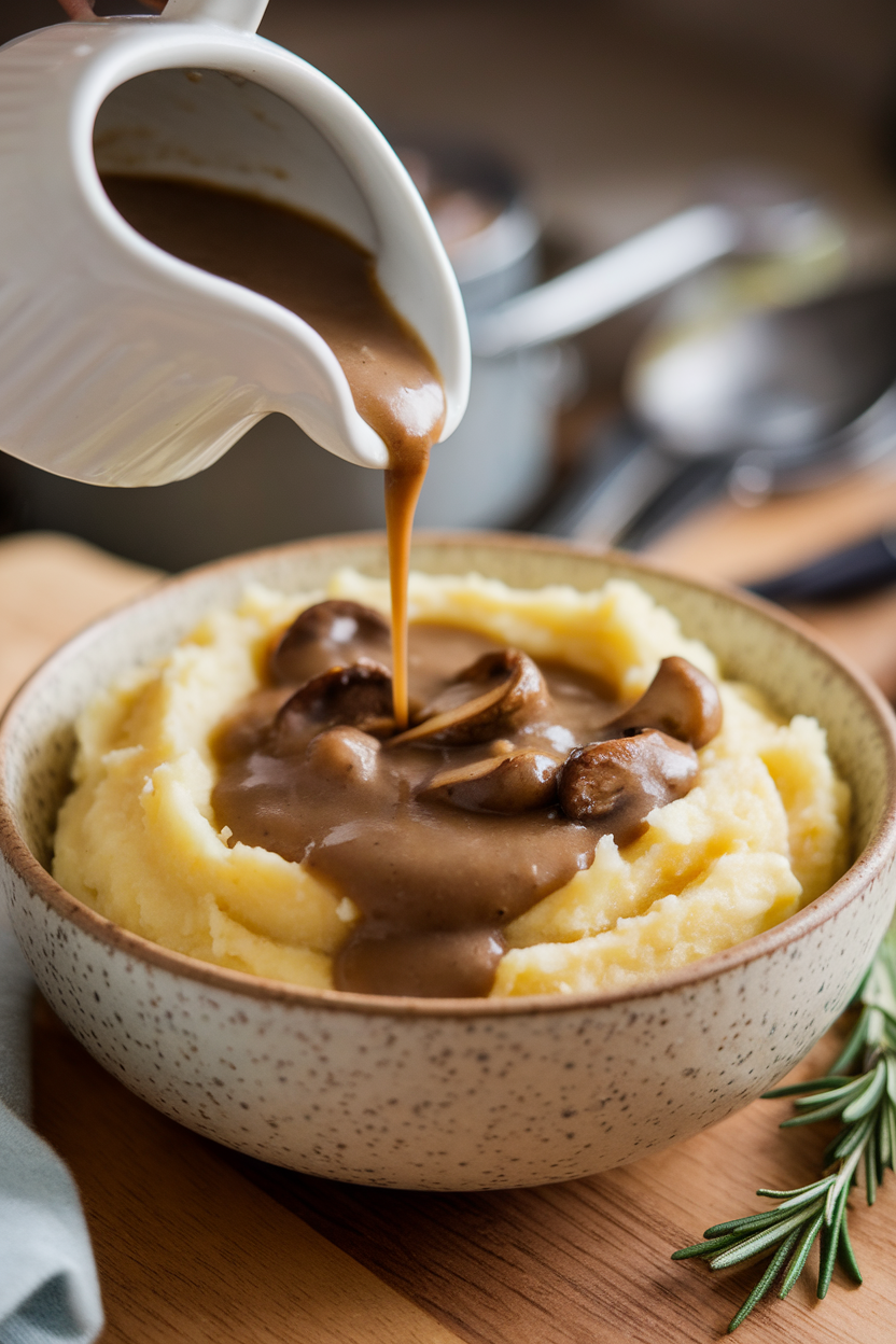 Indoor photo of a small gravy pitcher pouring mushroom gravy over mashed potatoes, no text or logos