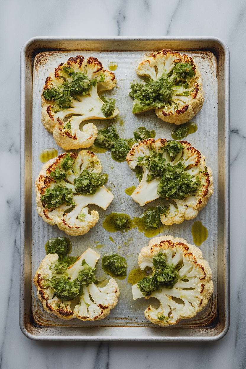 Indoor photo of roasted cauliflower steaks drizzled with vibrant green herb sauce on a baking sheet; overhead, no text or logos