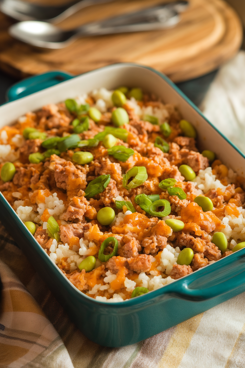 Indoor scene with a casserole of cauliflower rice mixed with ground turkey, edamame, and an orange-ginger glaze, garnished with scallions. No logos or text.