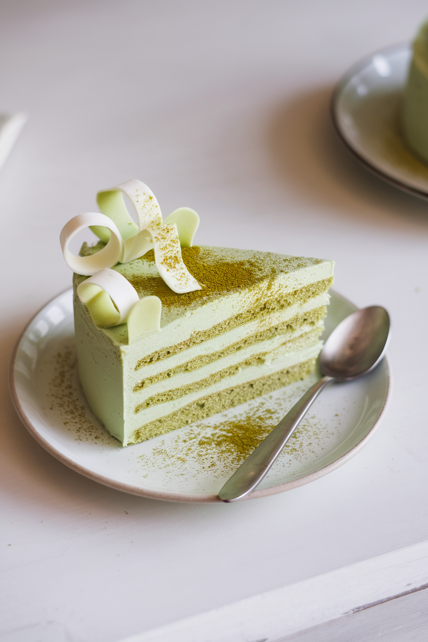 An indoor minimalist setting showcasing a pastel green cake slice with white chocolate curls and matcha powder lightly sifted. No text or logos. Photo, not illustration.