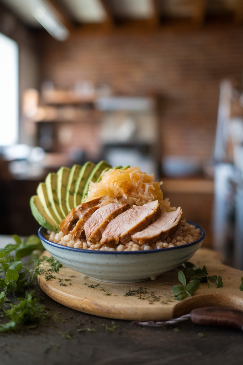 Indoor countertop featuring a bowl of cooked turkey slices over barley, topped with bright sauerkraut and avocado fan. No text or logos visible.
