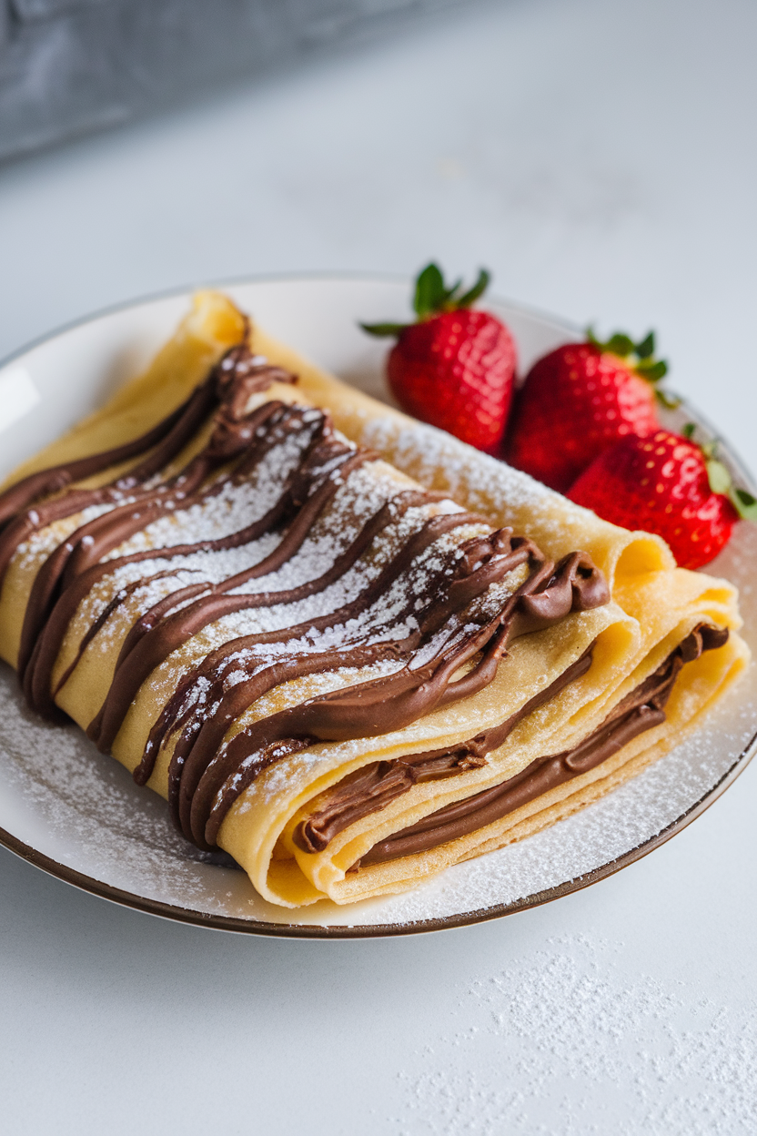 An indoor plate with folded crepes spread with chocolate hazelnut spread and dusted with powdered sugar, strawberries on the side, no text or logos.