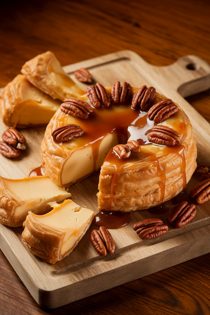 Indoor cutting board displaying a puff-pastry–wrapped wheel of brie studded with pecans and dripping bourbon caramel after slicing; no text or logos
