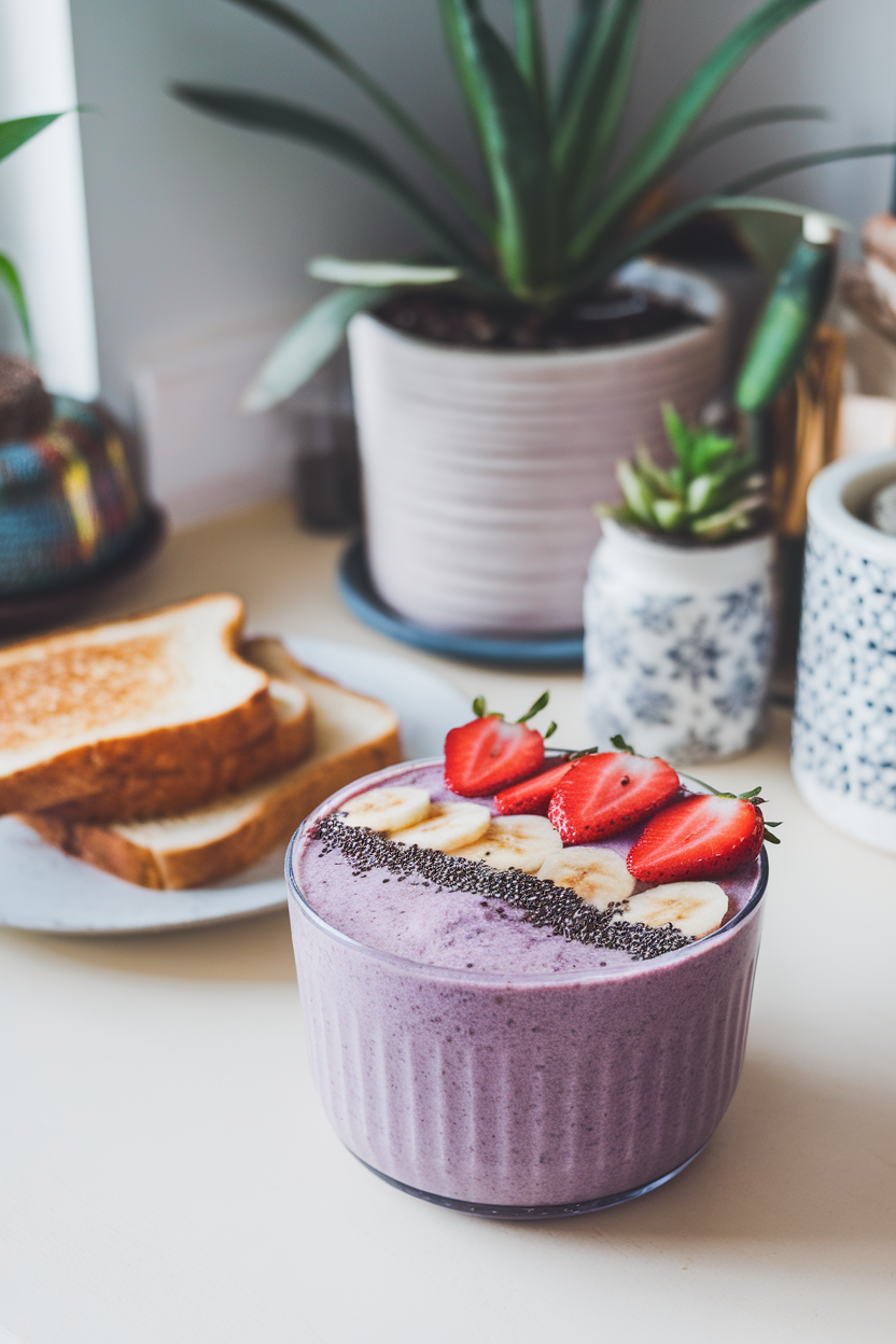 Indoor breakfast nook with a bowl of thick purple smoothie topped with sliced strawberries, chia seeds, and banana coins. No text or logos visible.