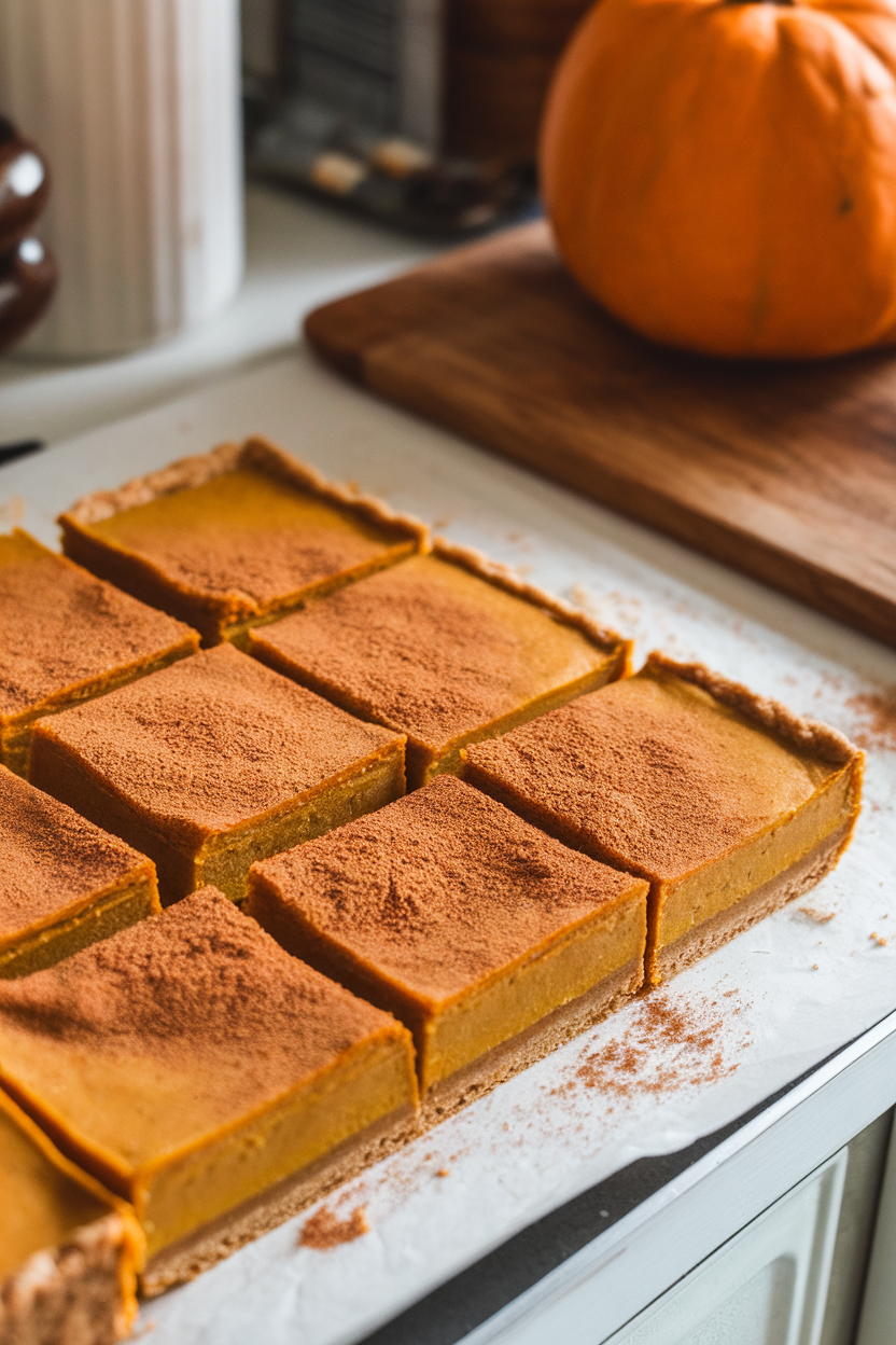 An indoor kitchen counter displaying neat squares of pumpkin pie bars with an almond-flour crust, topped with a dusting of cinnamon—no text or logos; photo, not illustration