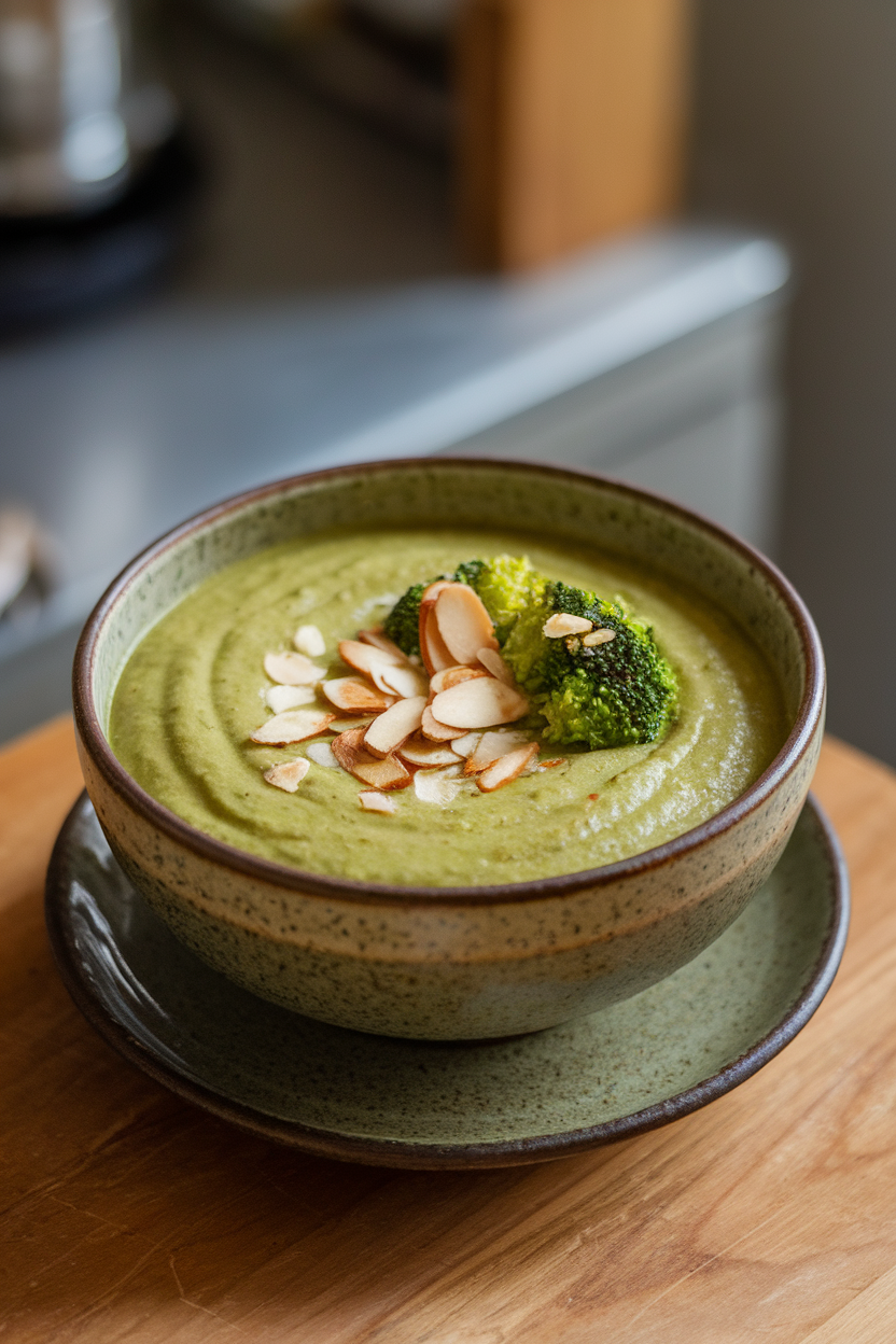 Indoor soup bowl with creamy green broccoli almond soup, toasted almond slices on top; no text or logos, photo style.