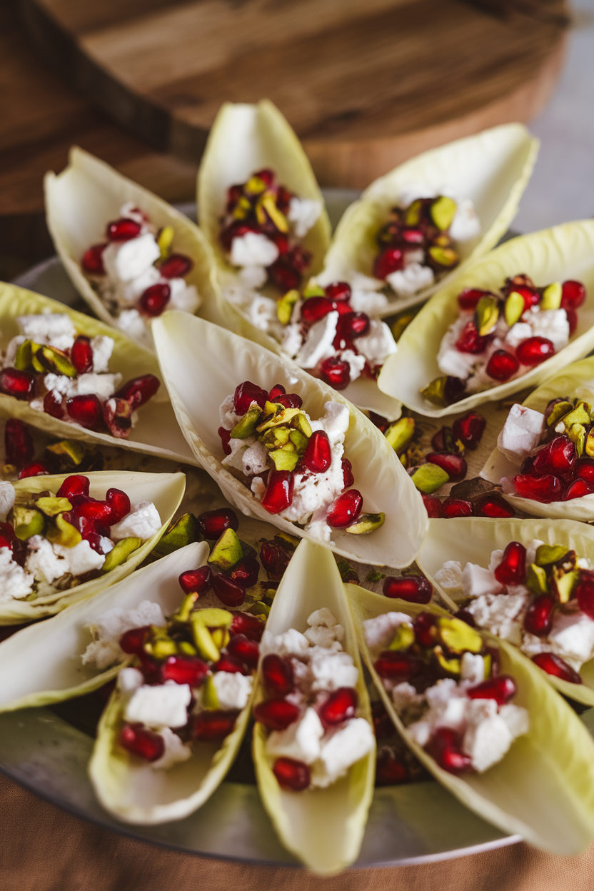 A platter indoors showing crisp endive leaves filled with crumbled feta, pomegranate arils, and chopped pistachios. No text or logos. Photo.