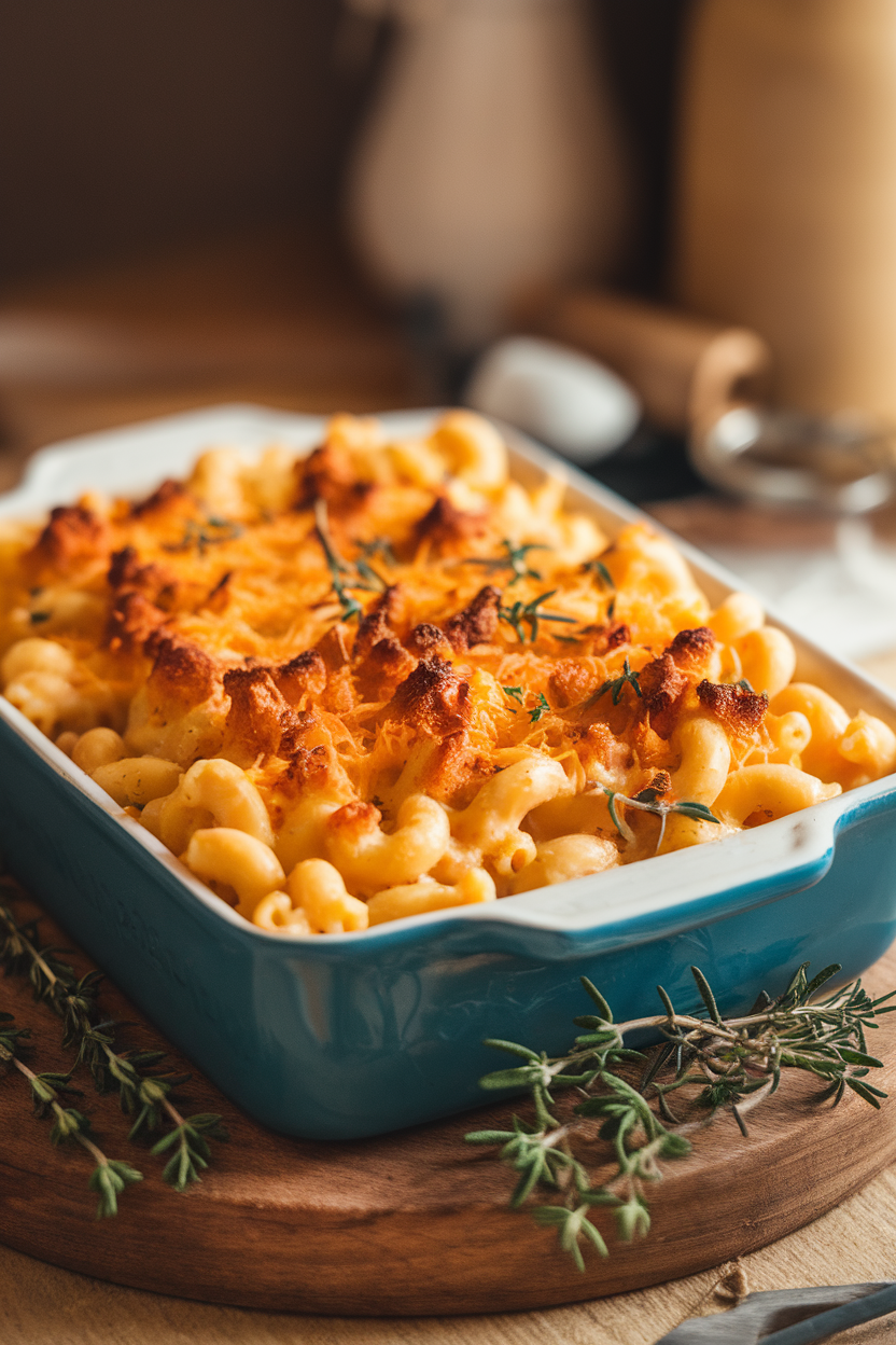 Indoor photo of bubbling mac and cheese with browned cheddar crust in a casserole dish, no text or logos