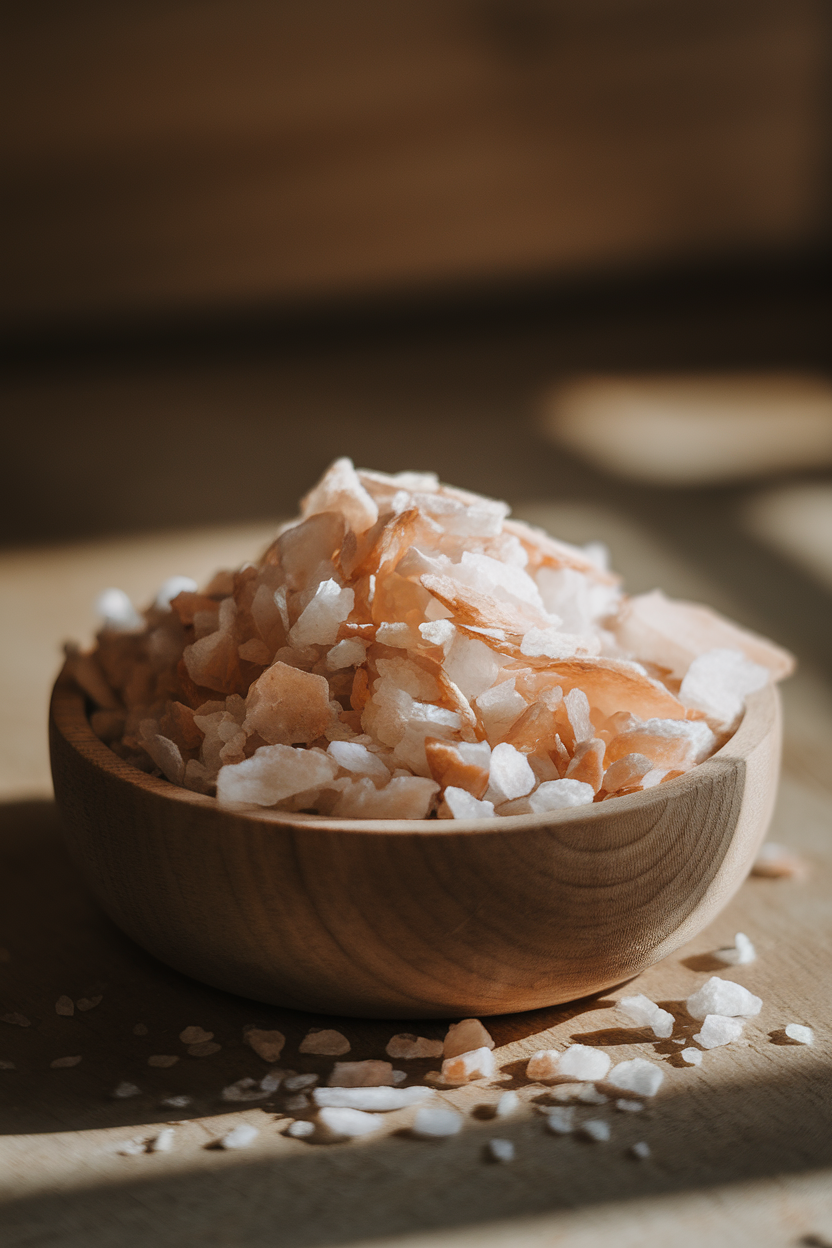Indoor photo of flaky sea salt piled in a pinch bowl with natural light highlighting the crystals; no text or logos