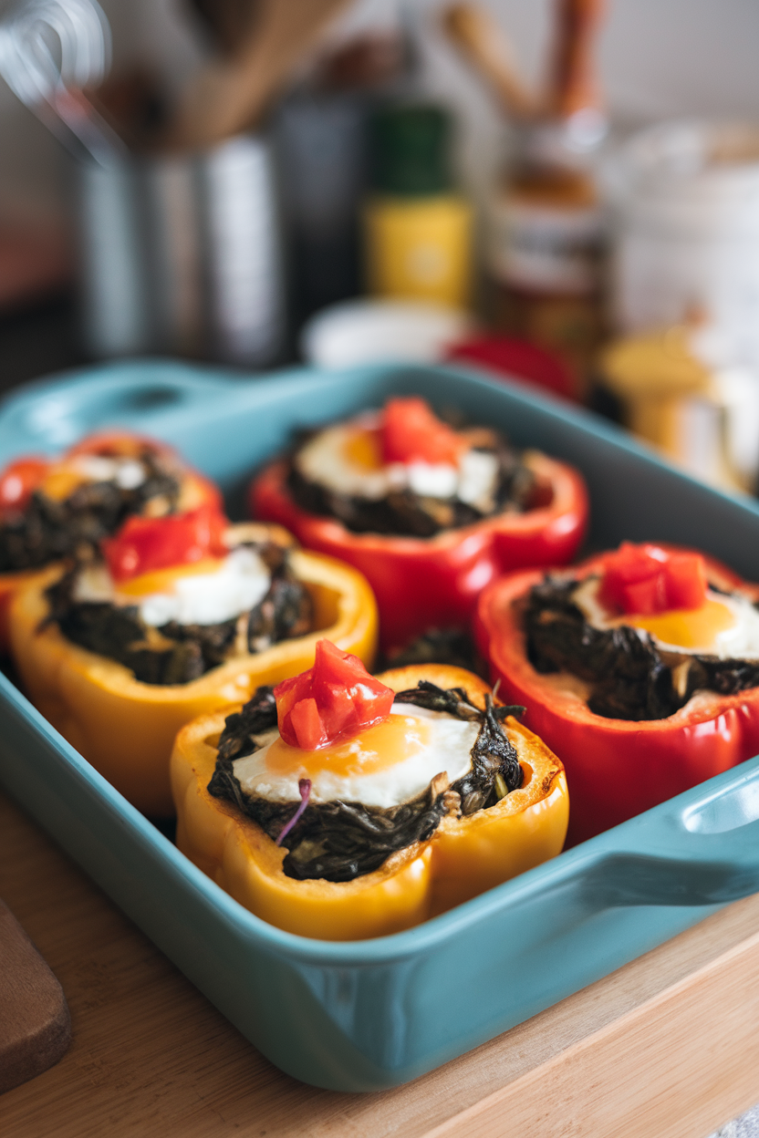 Indoor baking dish containing roasted bell pepper halves filled with spinach, egg, and diced tomato. No text or logos.