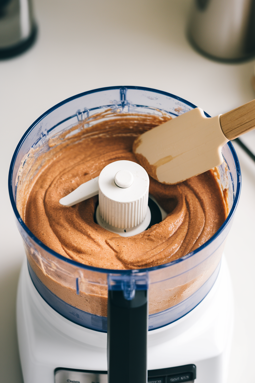 An indoor food-processor bowl filled with creamy almond butter, spatula resting on the side, no brand names.