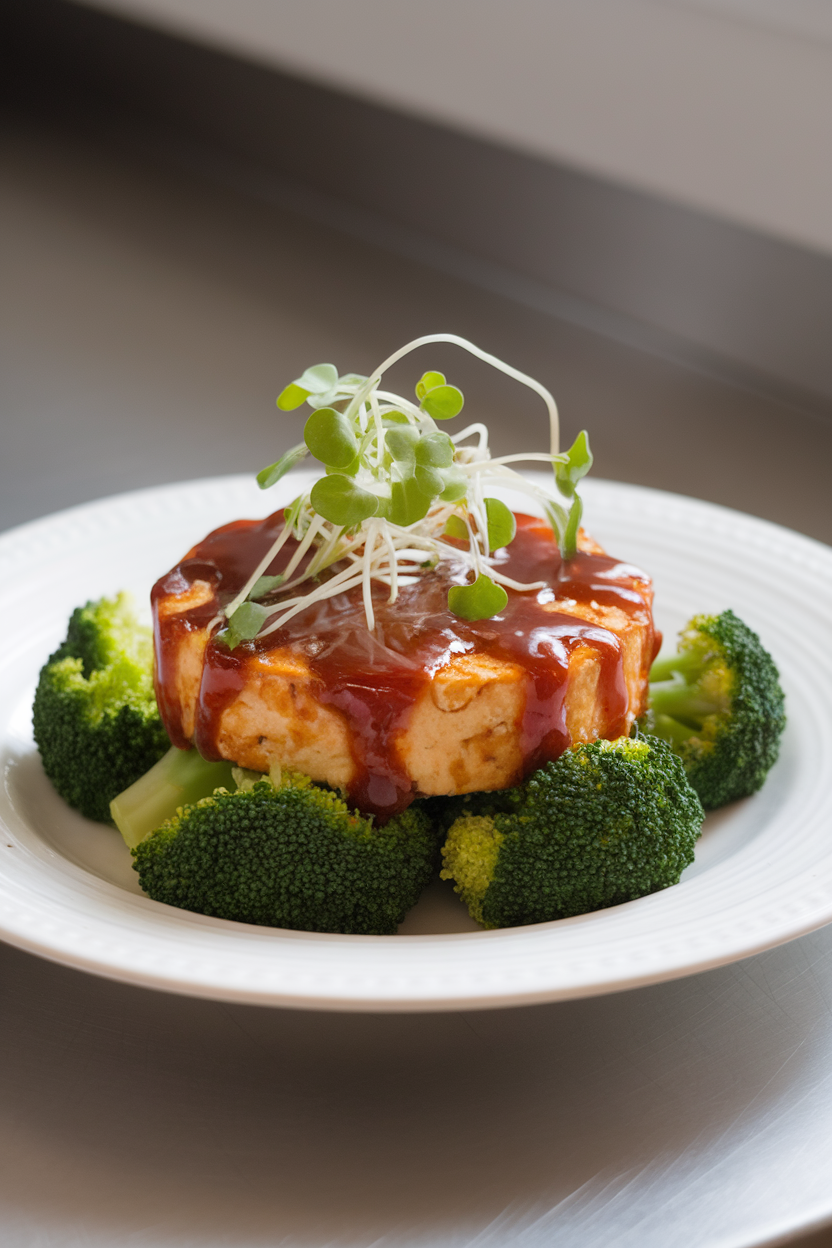 Photo of a tofu-bean sprout patty glazed with teriyaki sauce, plated with steamed broccoli indoors; no text or logos; photo, not illustration